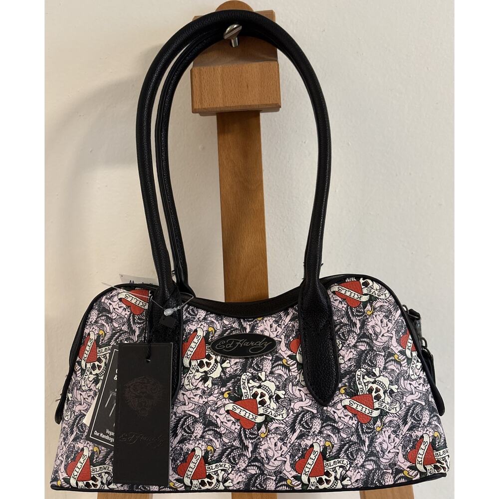 NWT Ed Hardy Love Kills Slowly Black Shoulder Handbag Purse Pink Skull Heart